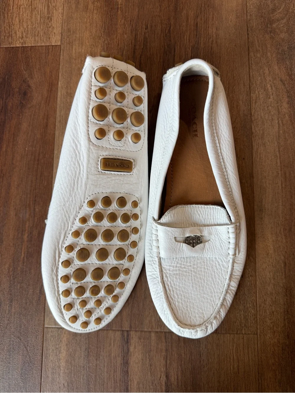 Coach White Pebbled Leather Driving Loafers